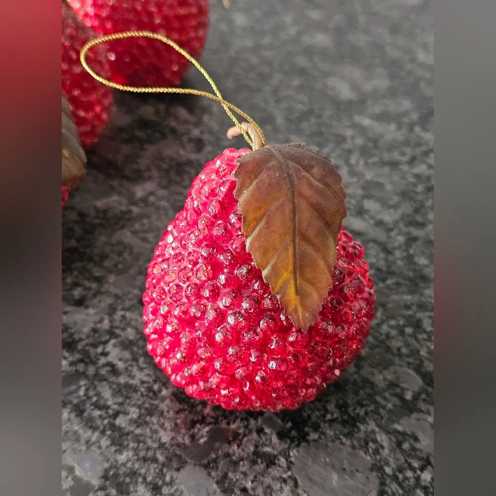 MCM Beaded Red Apple Pear Christmas Ornaments Fruit Glitter Shimmer Vtg 6 Pieces